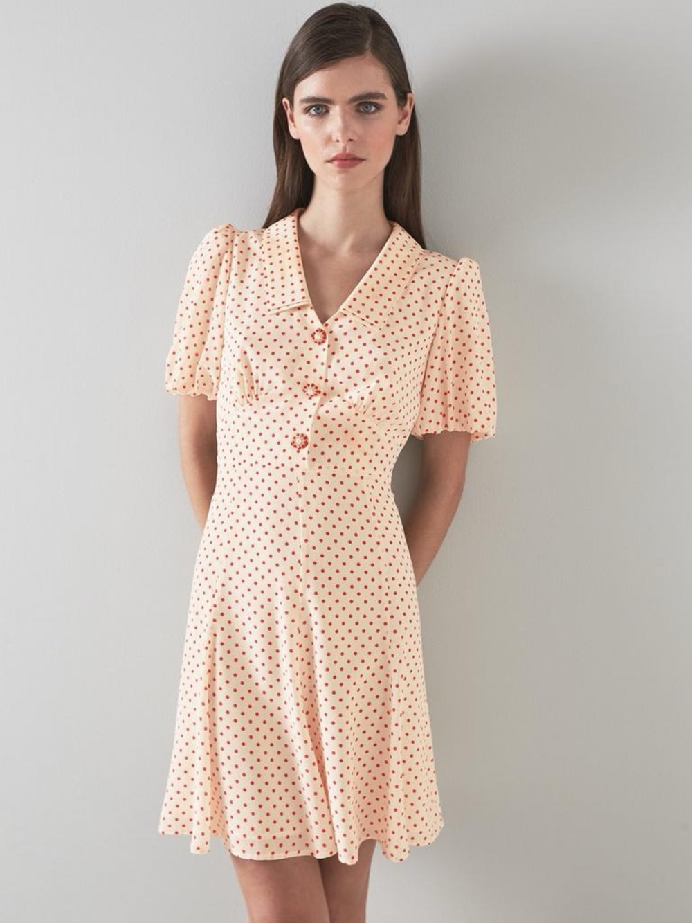 L.K. BENNETT Hilde Cream And Red Spot Silk
Tea Dress Size 14